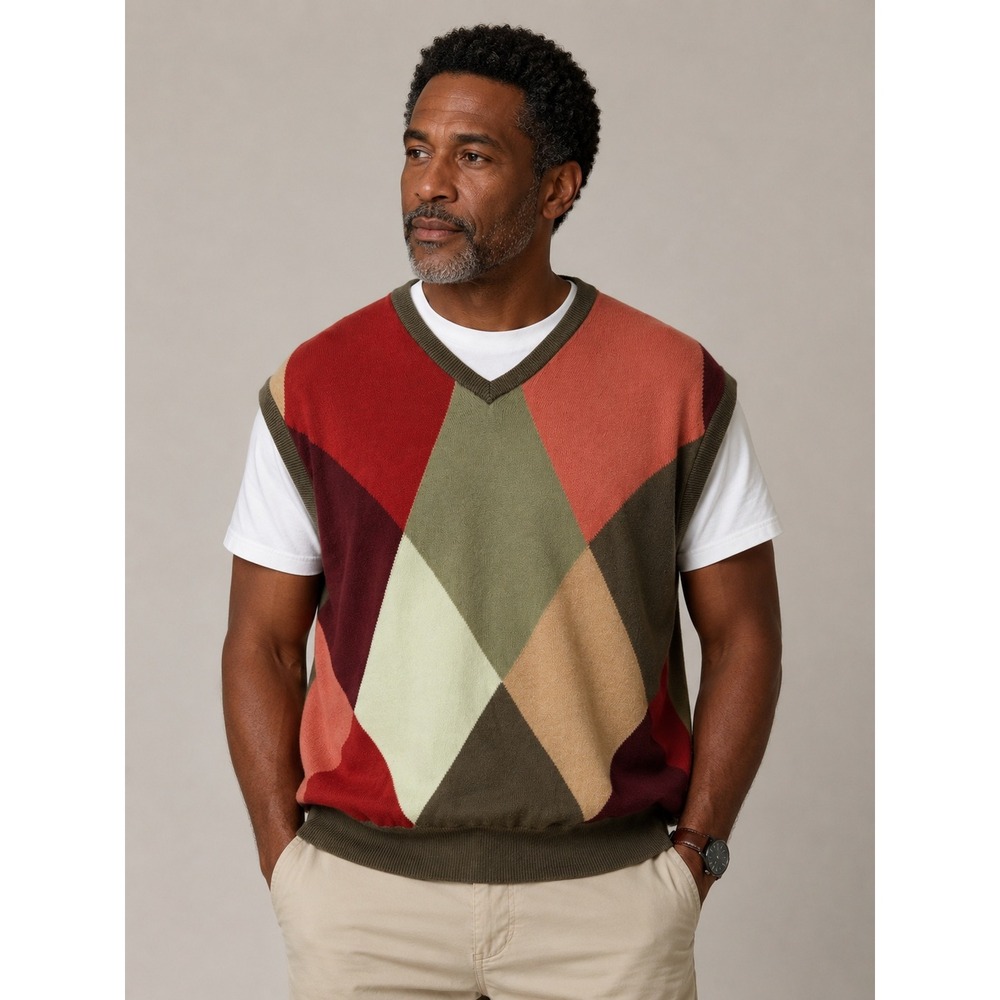 Lyle & Scott Mens Argyle V-Neck Sweater Vest Multicolor Earth Tones Knit Large